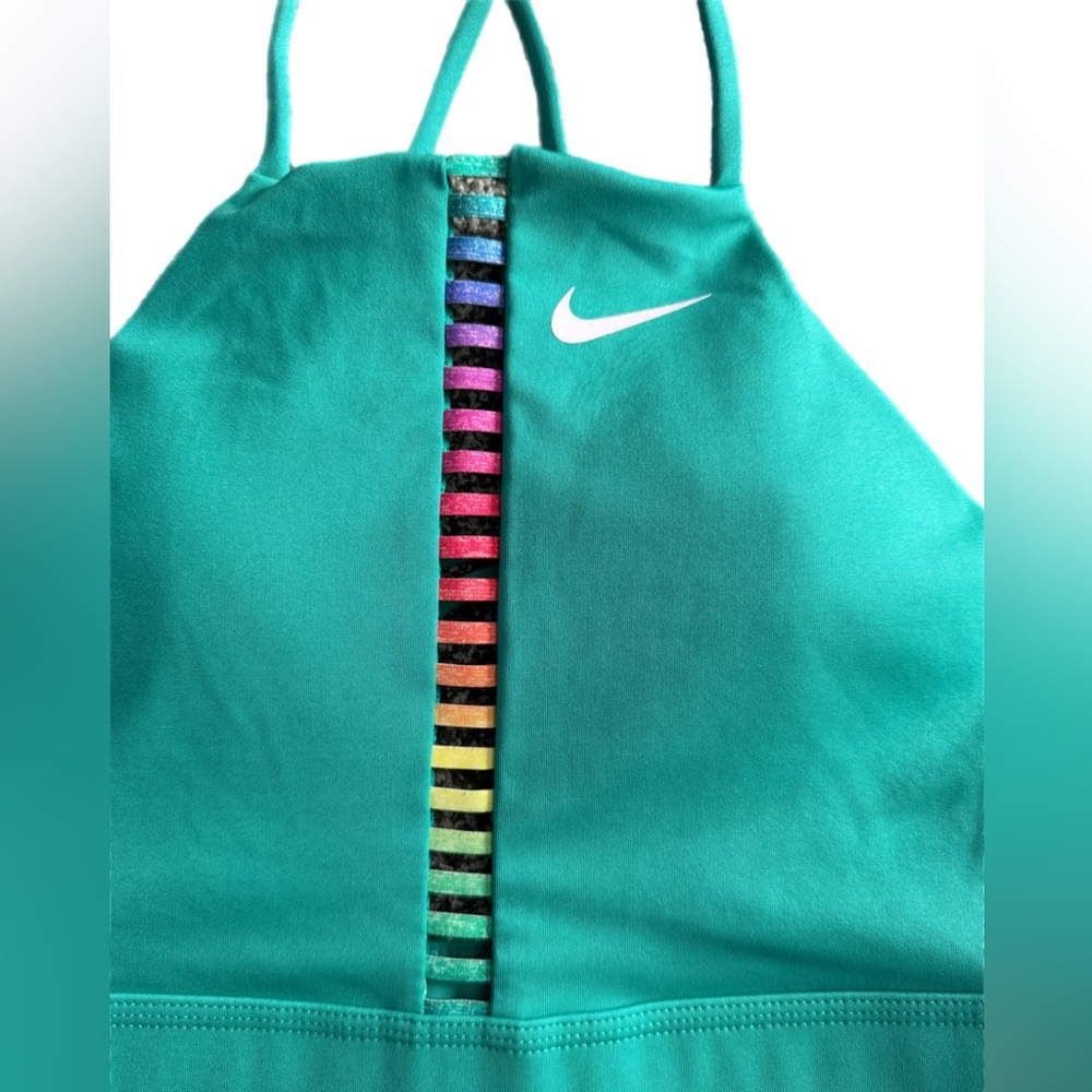 Nike Dri-FIT High Neck Sports Bra | Teal with Rainbow Mesh | Size Small - Picture 2 of 4